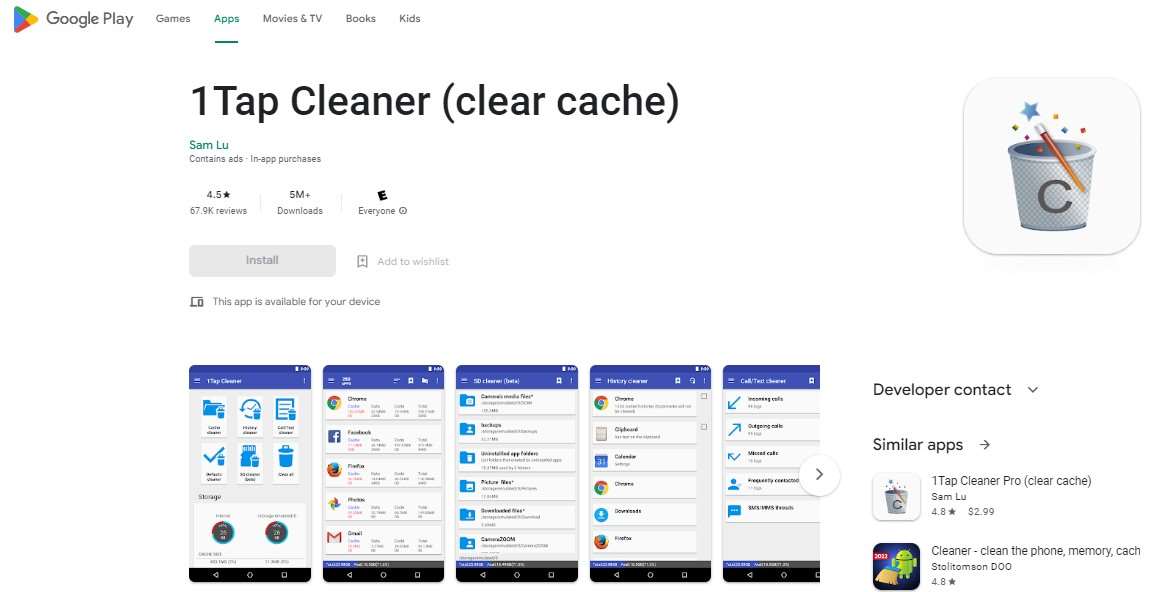 Aplikasi pembersih sampah 1Tap Cleaner (clear cache)