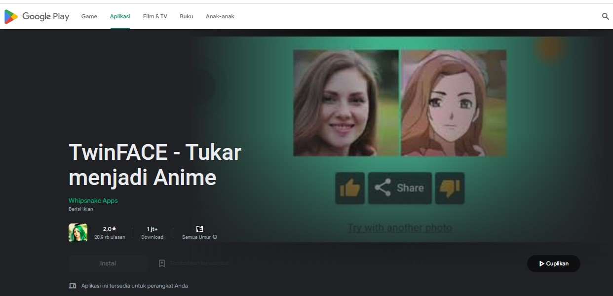 Aplikasi Edit Foto Jadi Anime TwinFACE - Tukar menjadi Anime