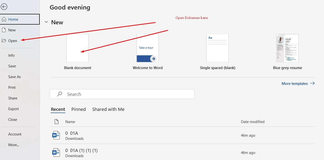 Aplikasi Microsoft Word Open Dokumen Baru