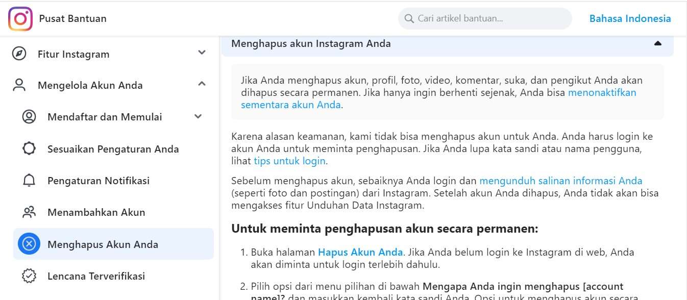 Cara menghapus akun Instagram Halaman Hapus permanen