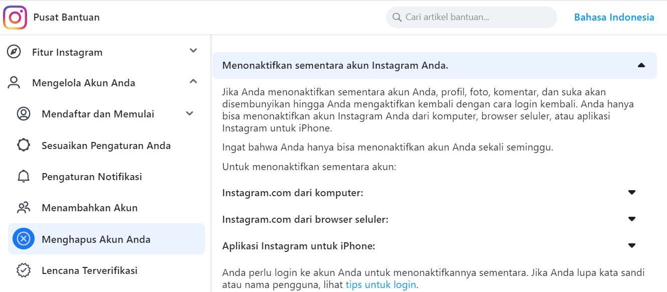 Cara menghapus akun Instagram Nonaktif sementara