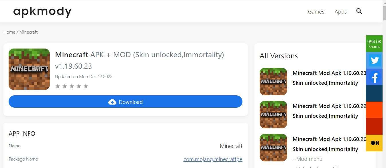 Minecraft APK + MOD (Skin unlocked,Immortality)
