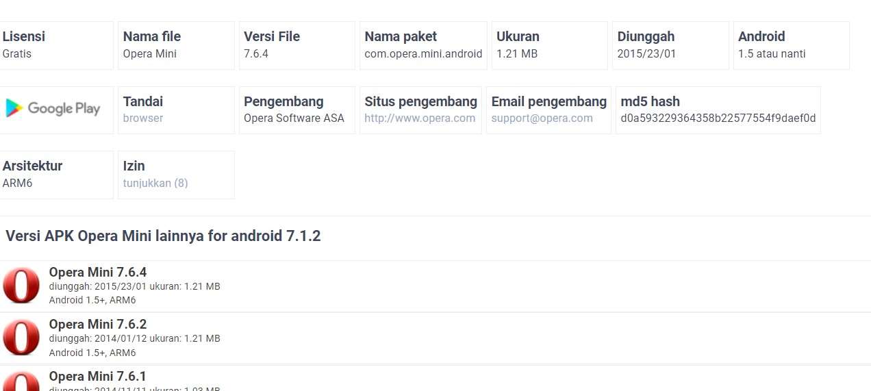 Opera Mini Apk Lama Daftar versi