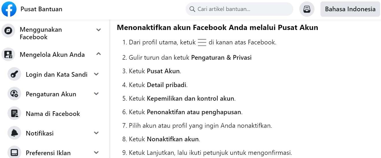 Cara Tutup Akun FB Nonaktif sementara